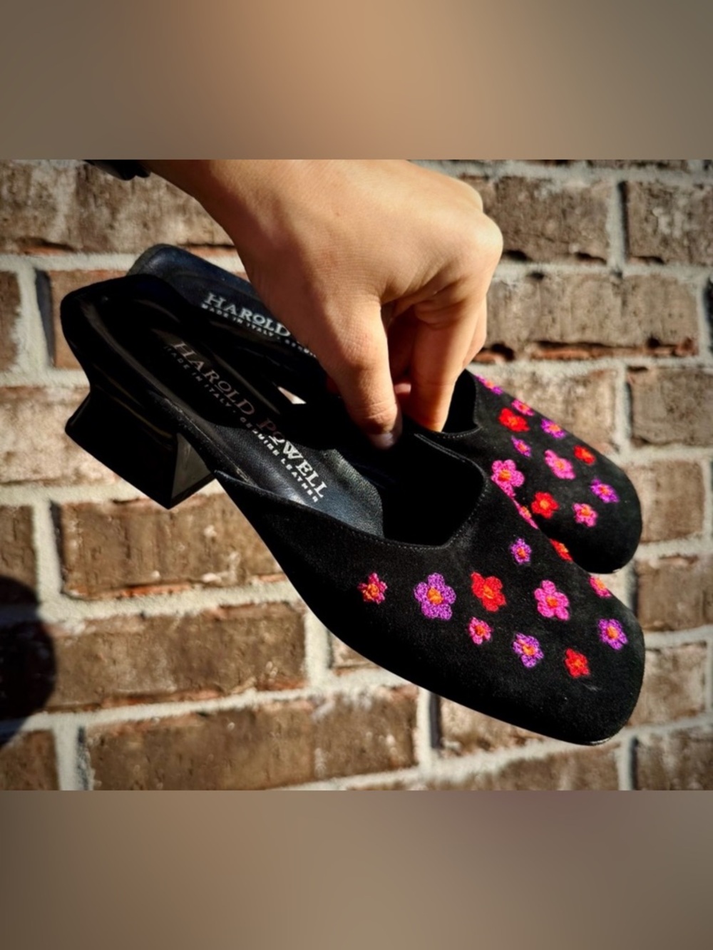 Vintage Embroidered Kitten Heels Mules Harold Powell Leather Suede Block Heels